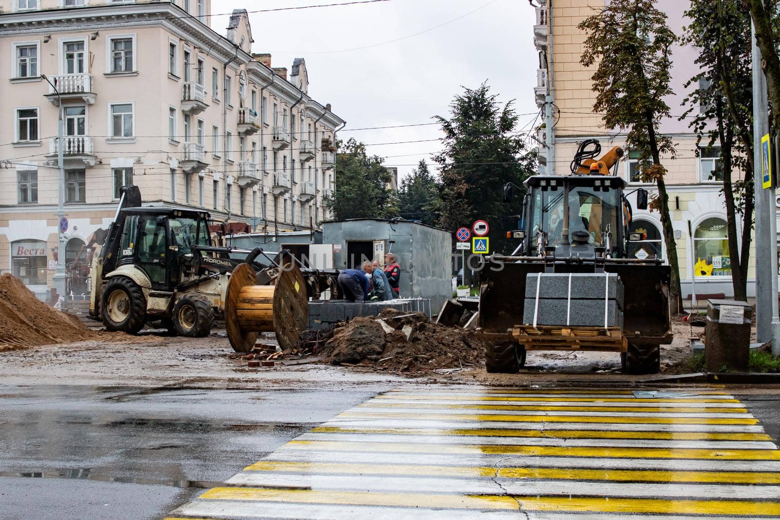 BELARUS, VITEBSK - SEPTEMBER 10, 2020: Construction work on the road to the city center