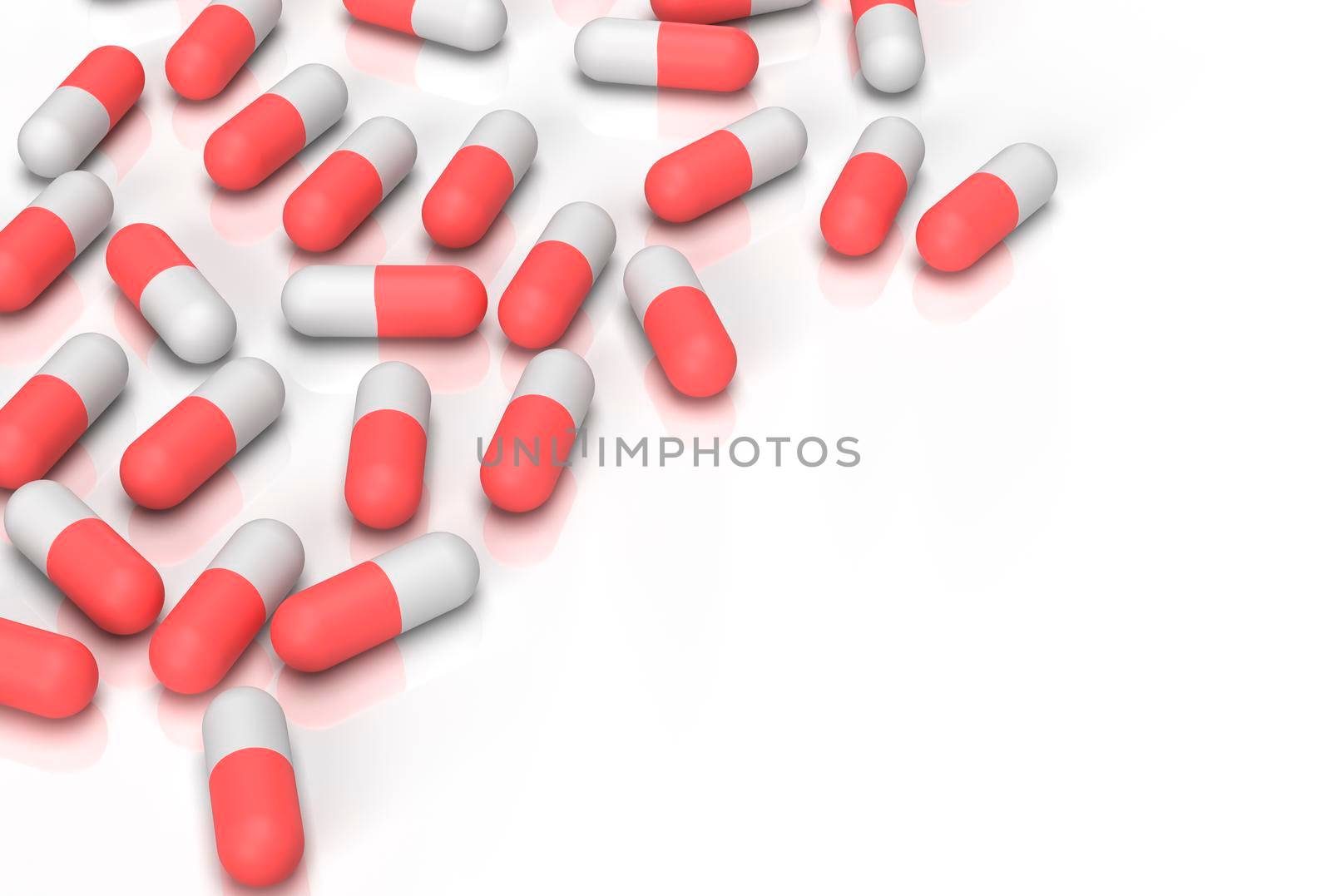 Pills on the white surface with a space for your information. 3D rendering