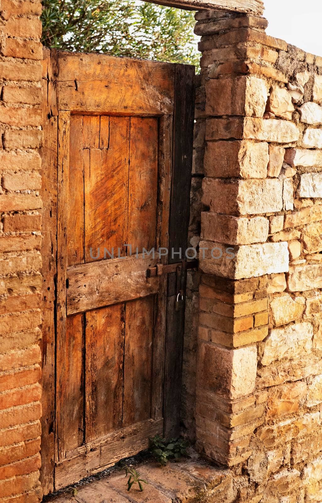 Old weathered wooden door closed , ruined stone wall