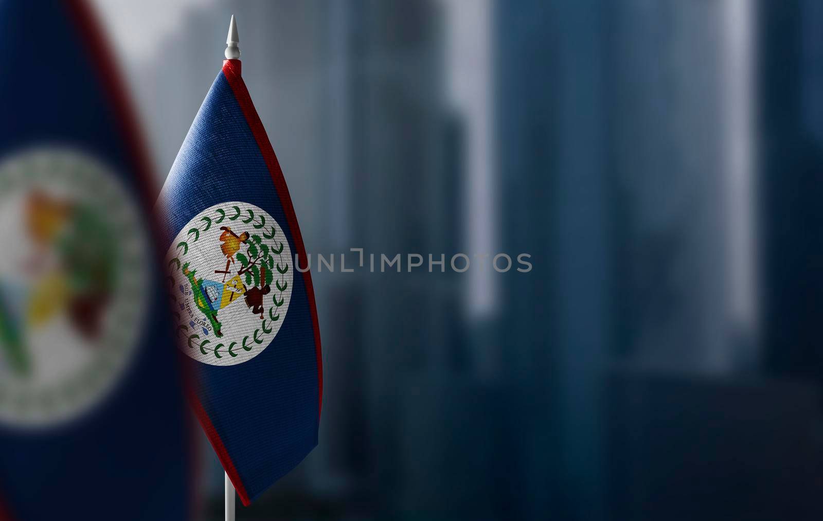 Small flags of Belize on a blurry background of the city.