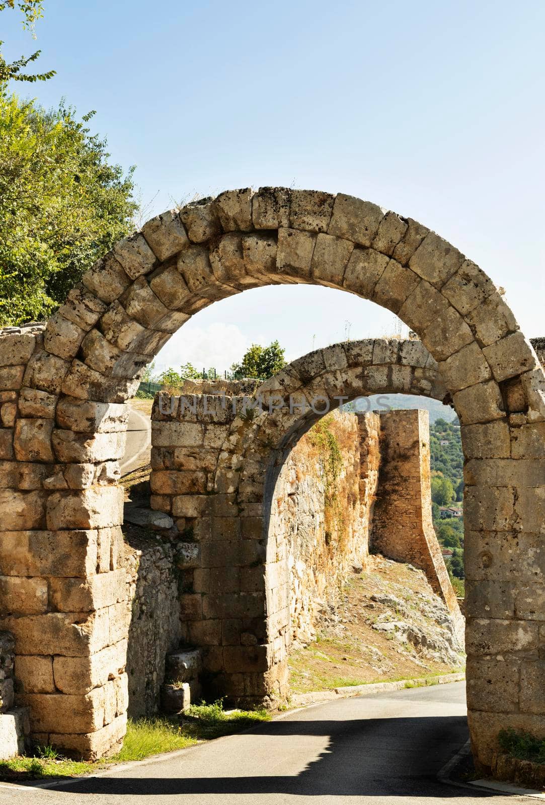 Ancient town of Ferentino , Italy , Porta Casamari , double gate with two round arches constructed of blocks of tuff