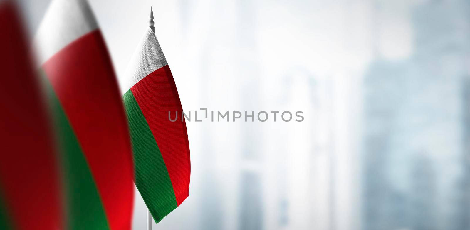 Small flags of Madagascar on a blurry background of the city by butenkow