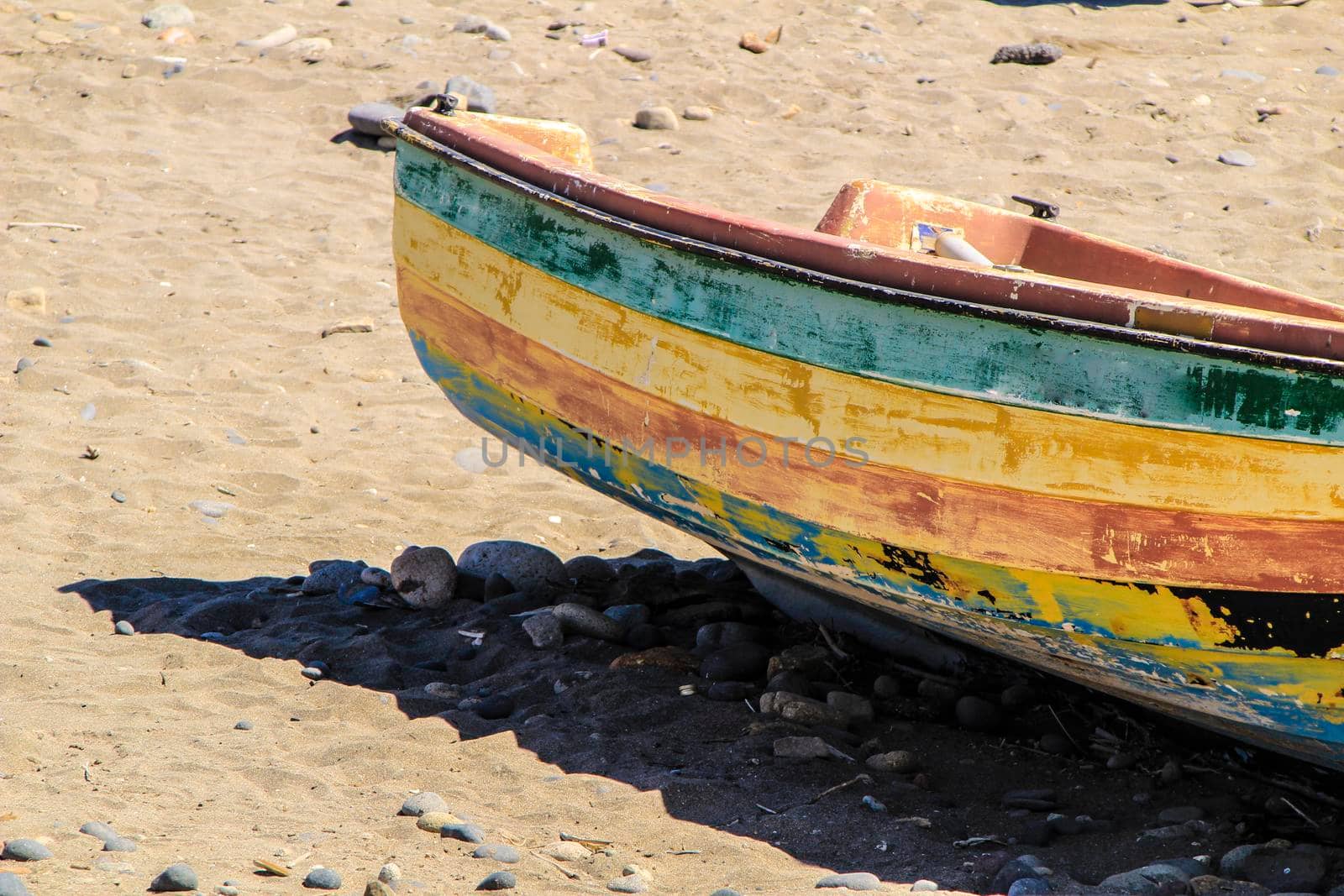 Old abandoned boat on the beach in Cabo de Gata, Almeria, Spain