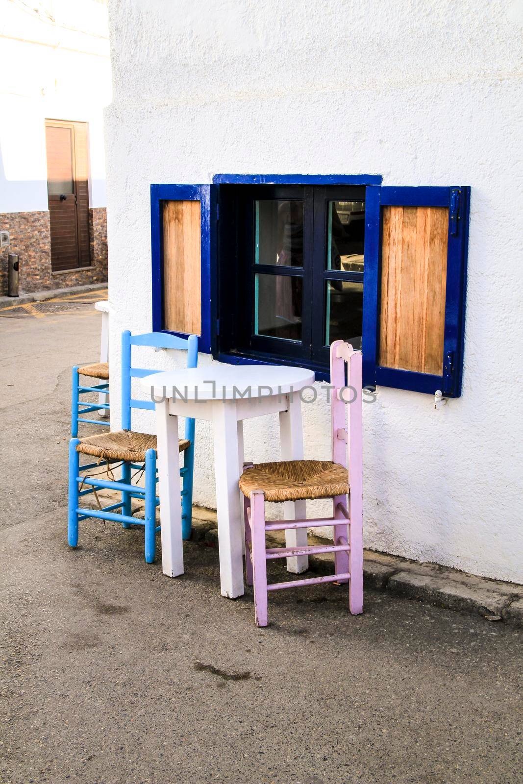 Empty bar terrace in Las Negras village with beautiful furniture style