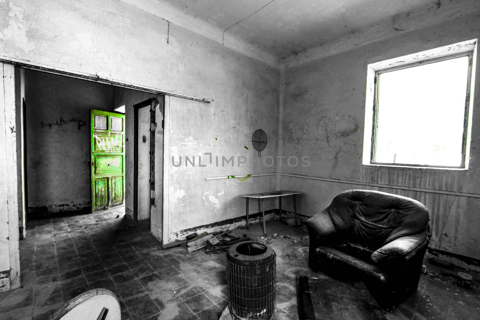 Abandoned house with broken furniture in the gold mines of Rodalquilar village in Almeria province, Spain.