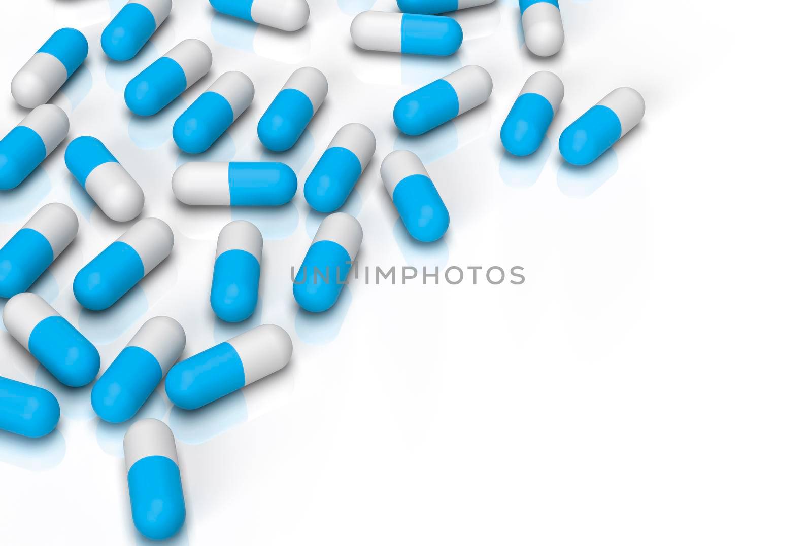 Pills on the white surface with a space for your information. 3D rendering