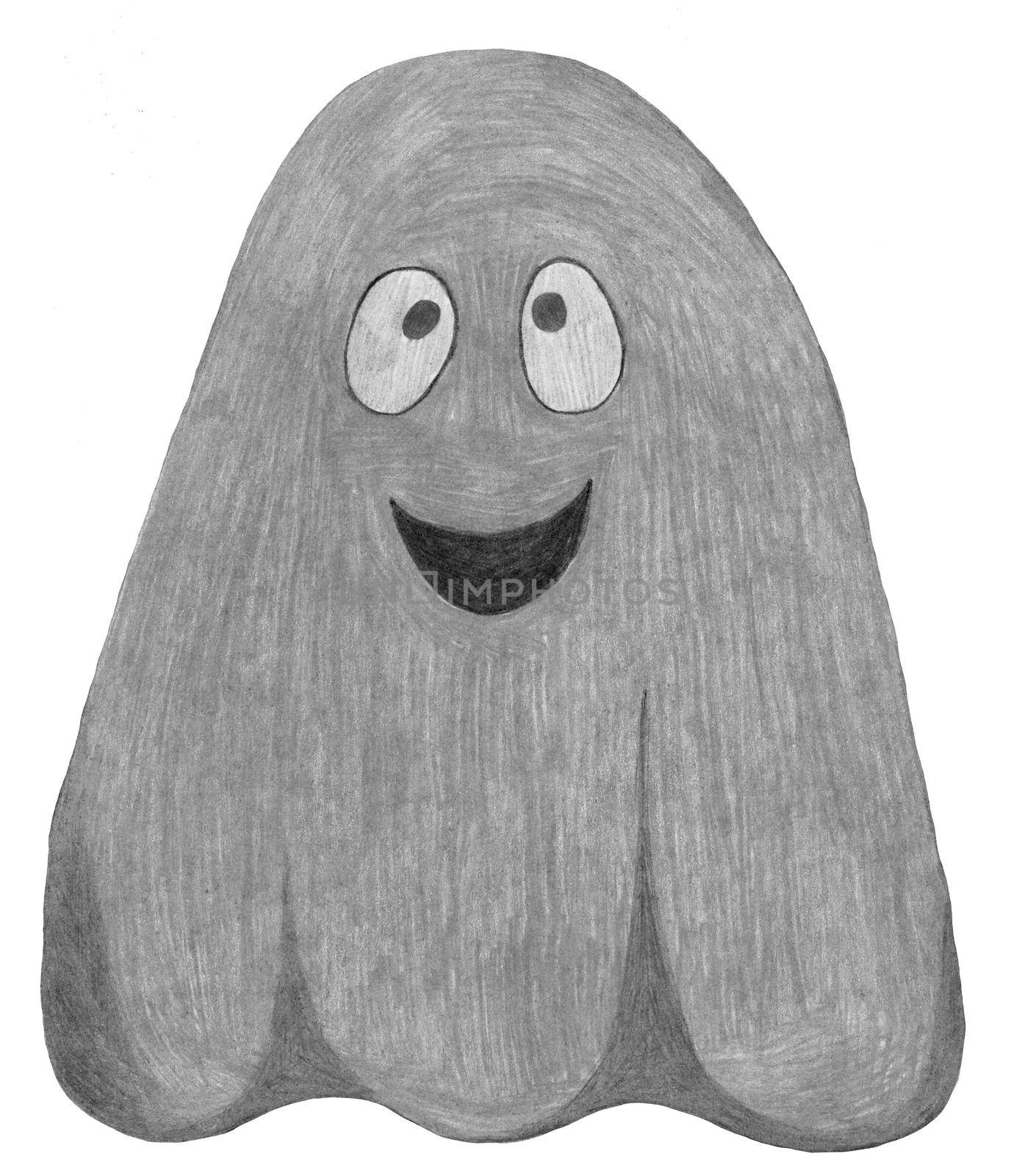 Hand Drawn Halloween Ghost Isolated on White Background. Halloween scary ghostly monsters. Cute cartoon spooky character, Drawn by Color Pencils.