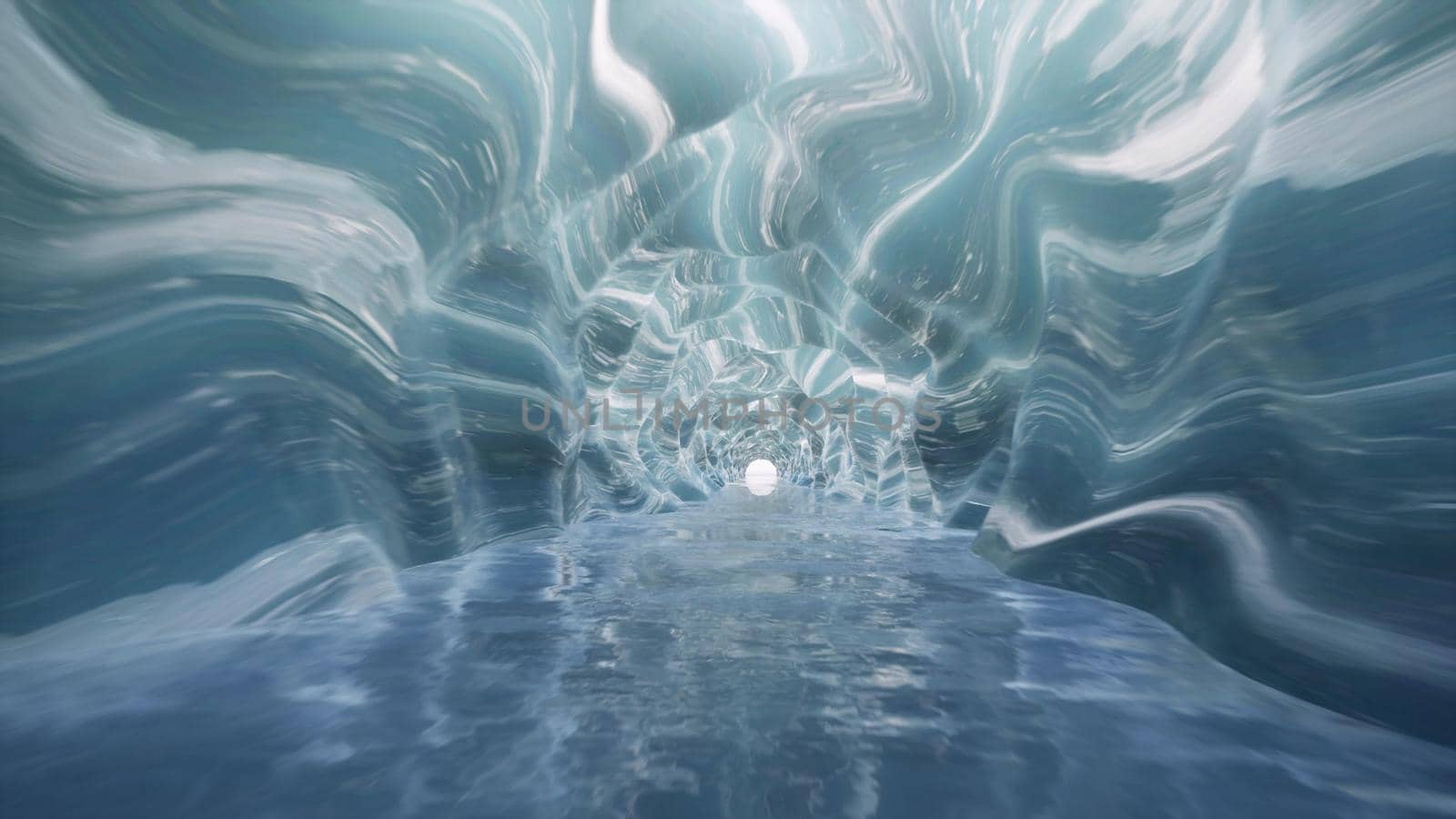 Traveling slowly through blue ice cave on deep frizzy Landscape 3d render