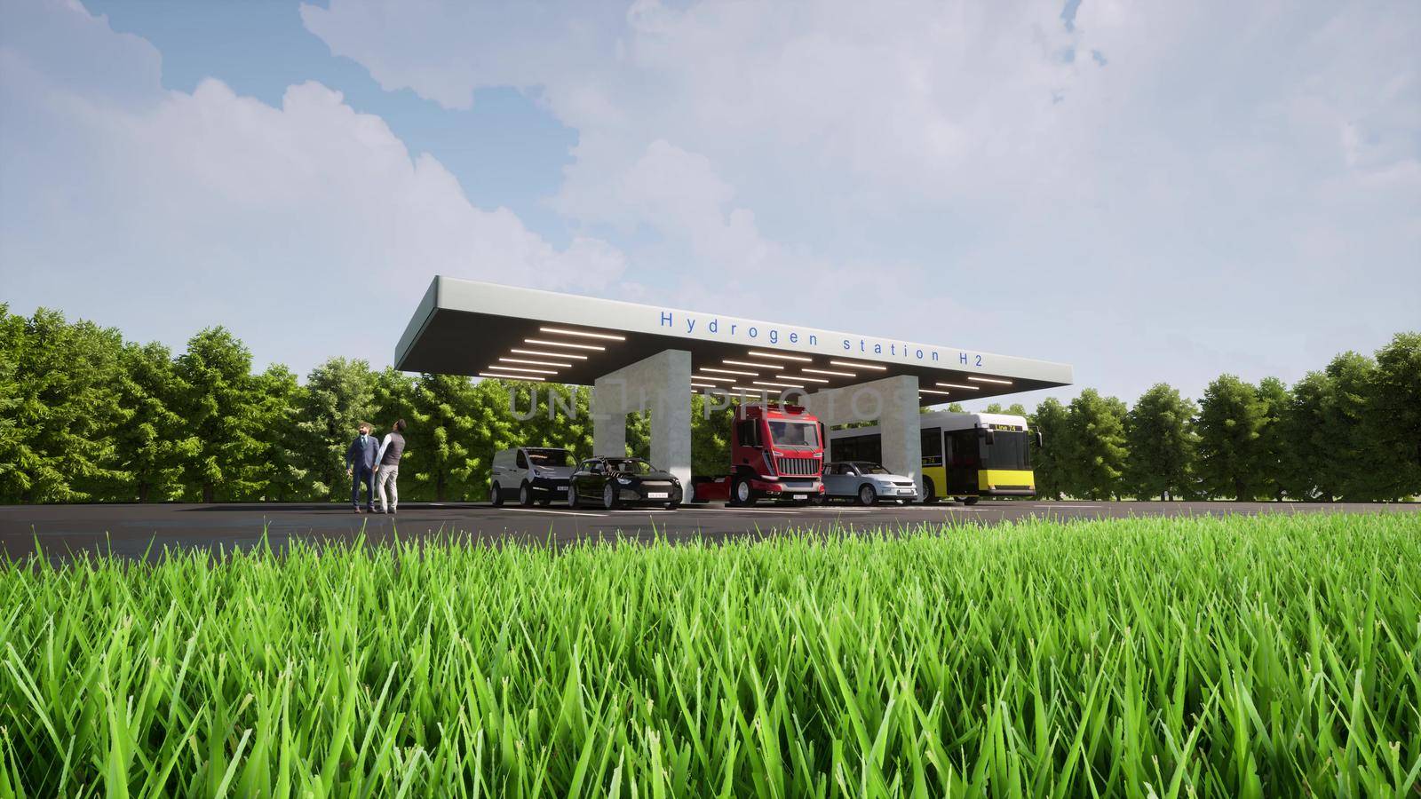 H2 station in modern 3d style Green clean renewable energy Ecological future Sustainable energy 3d render