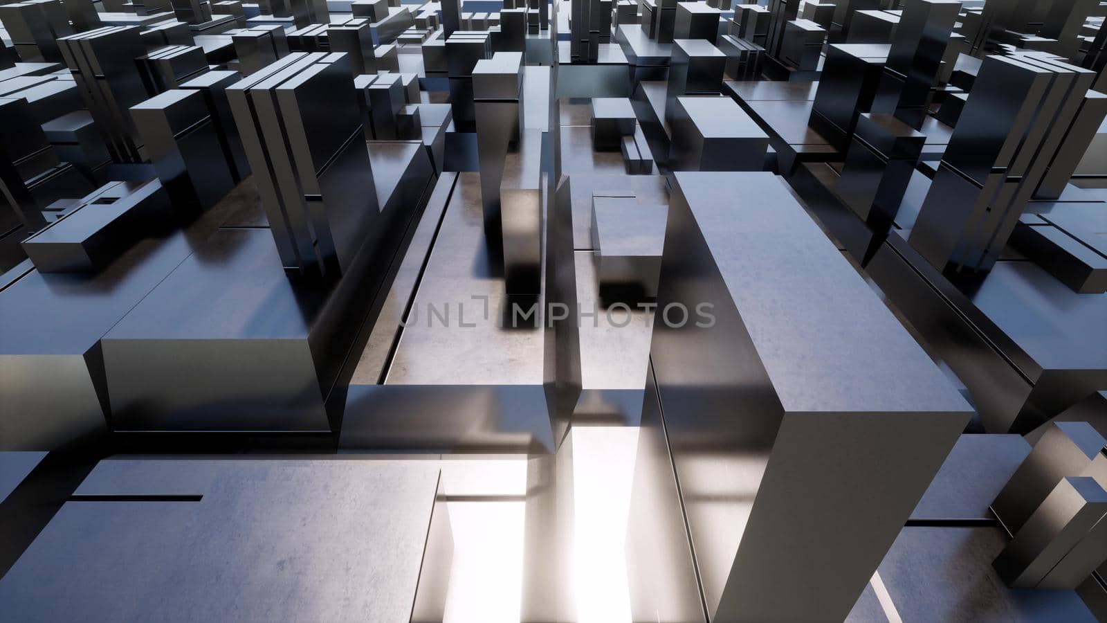 Metal boxes industrial interior future city intro 3d render