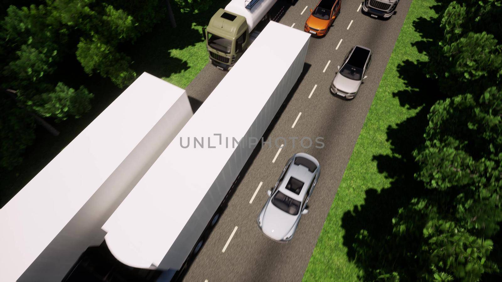 Queue of cars Traffic jam trucks Drone aerial top view 3d render