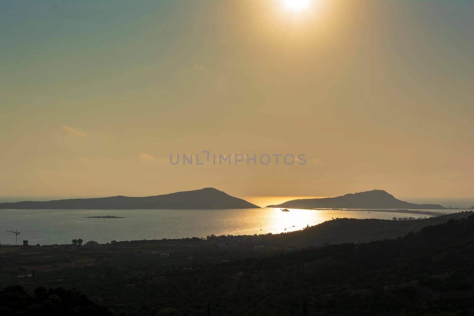 Panoramic view over Gialova sea in Messenia at sunset time, Greece