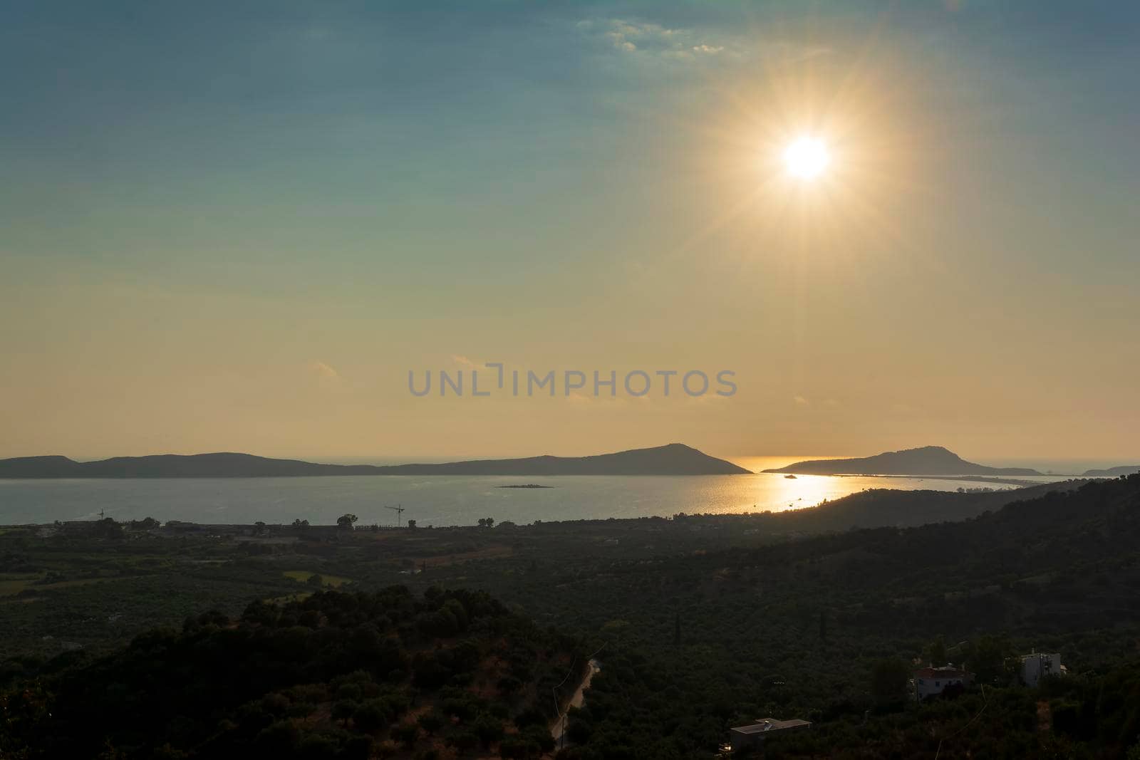 Panoramic view over Gialova sea in Messenia at sunset time, Greece