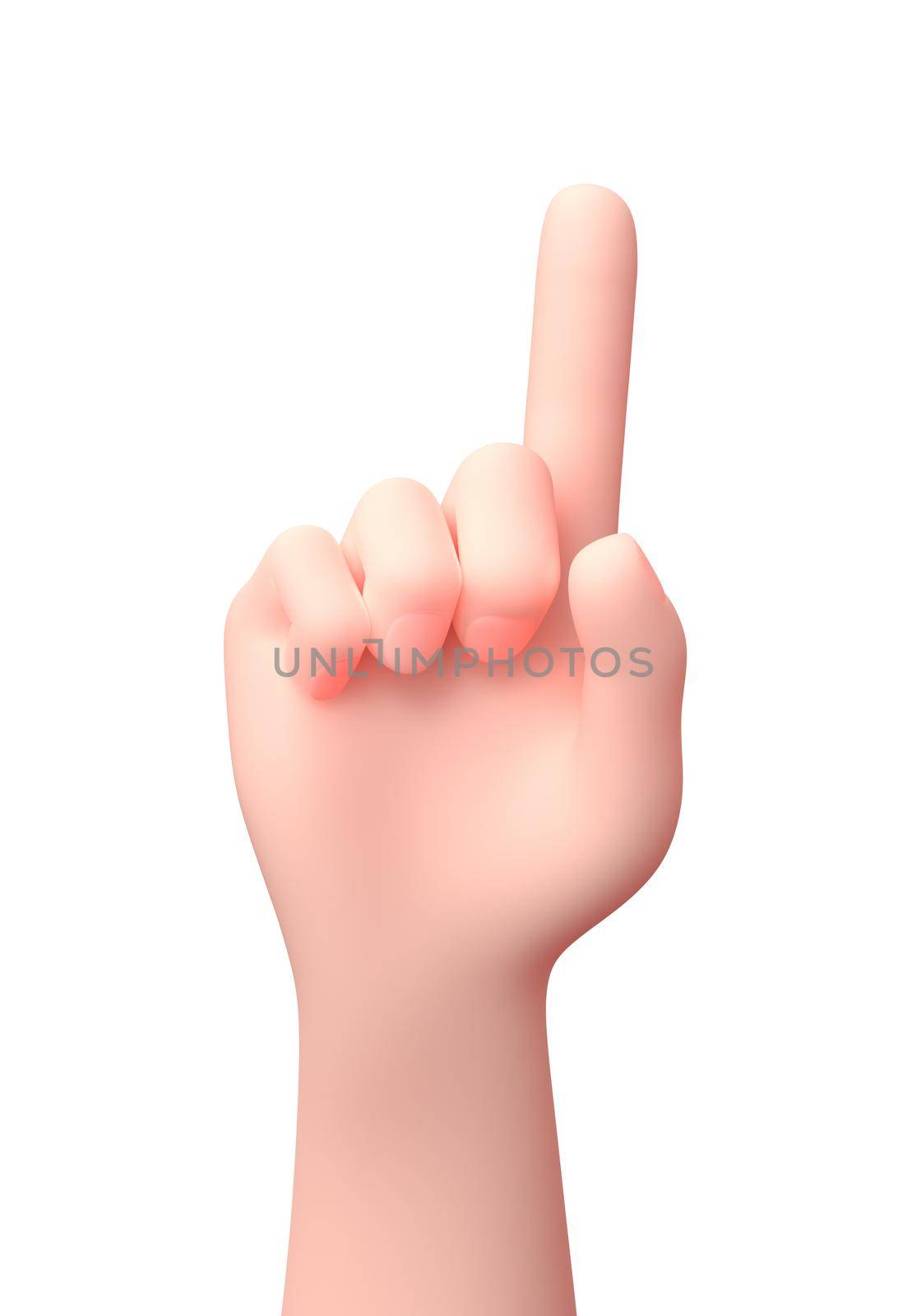 One Finger Raised Hand. 3D Cartoon Character. Isolated on White by make