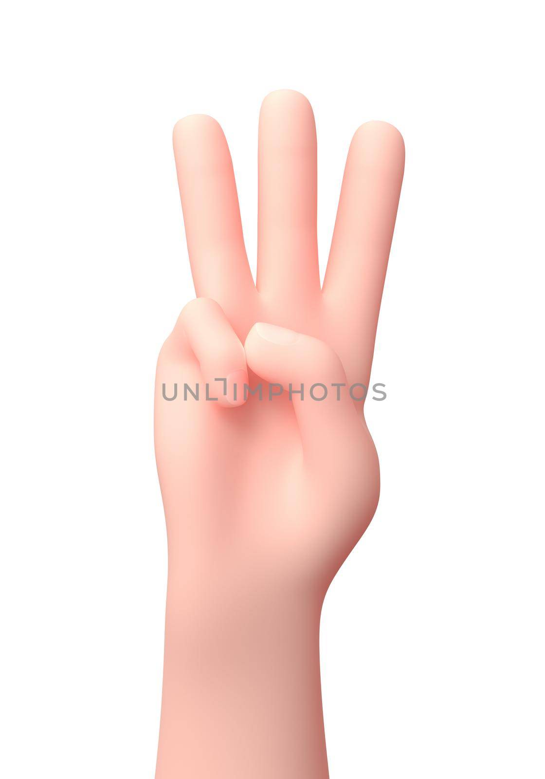 Three Fingers Raised Hand. 3D Cartoon Character. Isolated on White by make