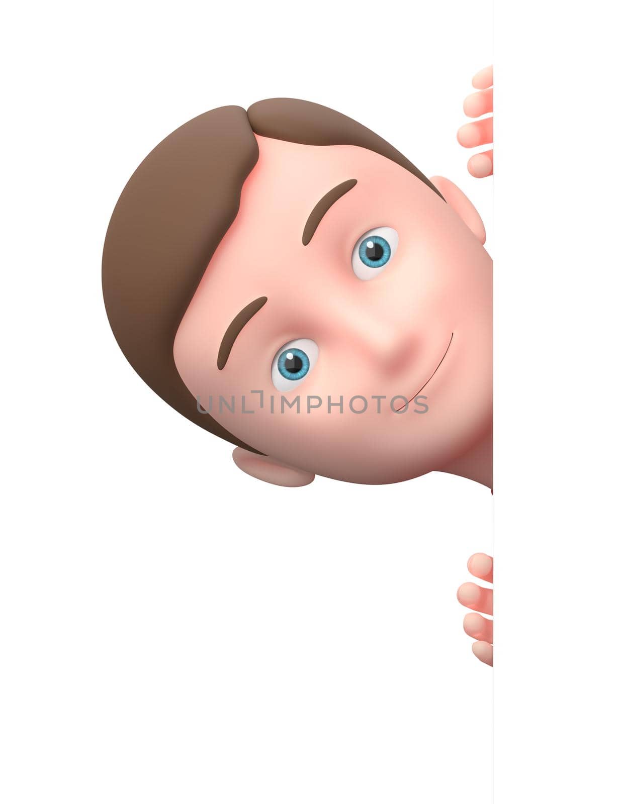 Cute Young Boy Behind a White Blank Banner. 3D Cartoon Character. by make