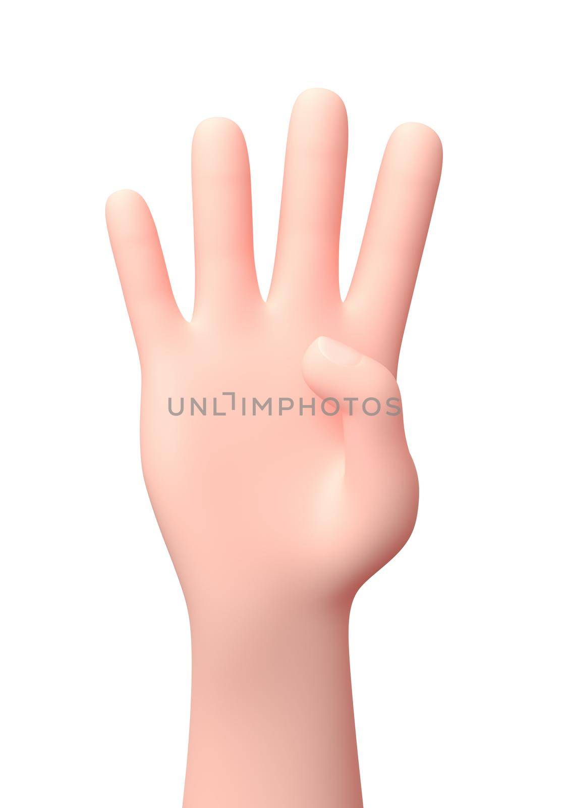 Four Fingers Raised Hand. 3D Cartoon Character. Isolated on White Background 3D Illustration, Number 4 Concept