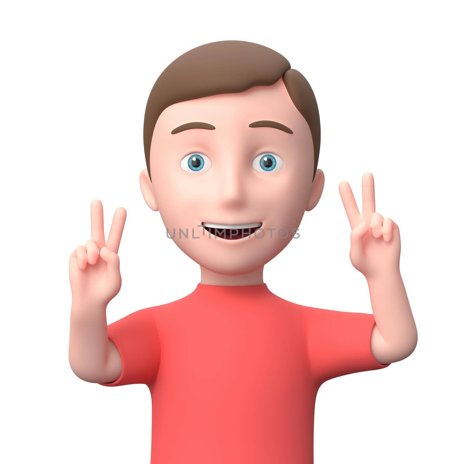 Young Boy Smiling and Showing V Sign. 3D Cartoon Character. Isolated on White Background 3D Illustration, Victory Concept