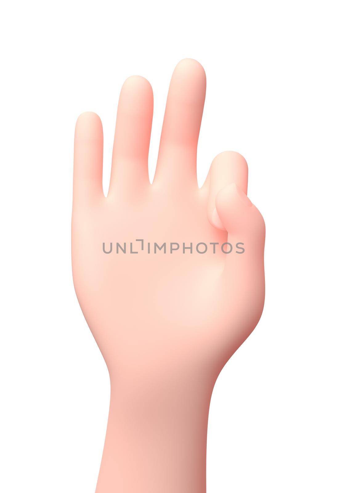 Three Fingers Raised Hand Oriental Style. 3D Cartoon Character. Isolated on White Background 3D Illustration, Number 3 Concept