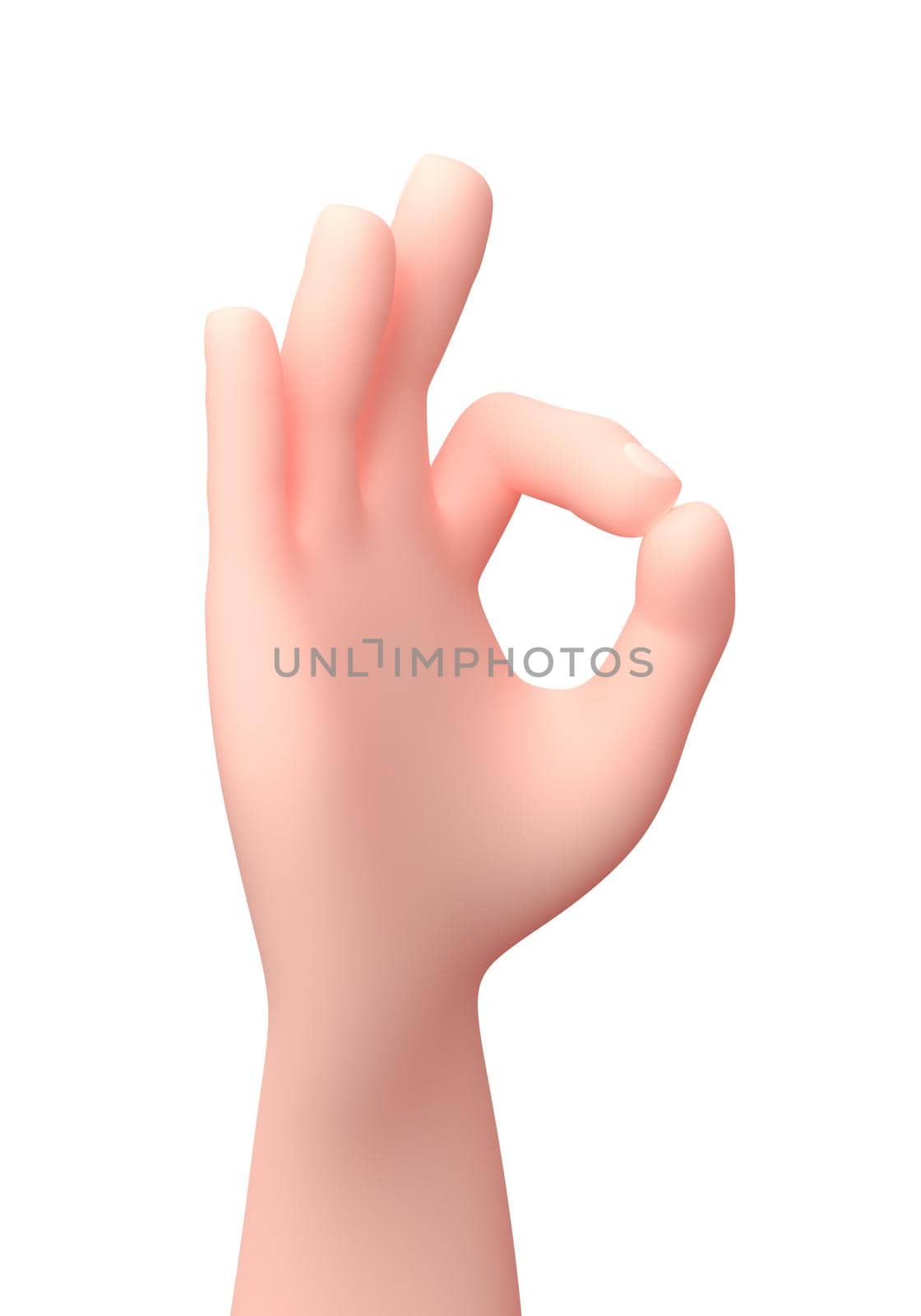 OK Sign Hand. 3D Cartoon Character. Isolated on White by make