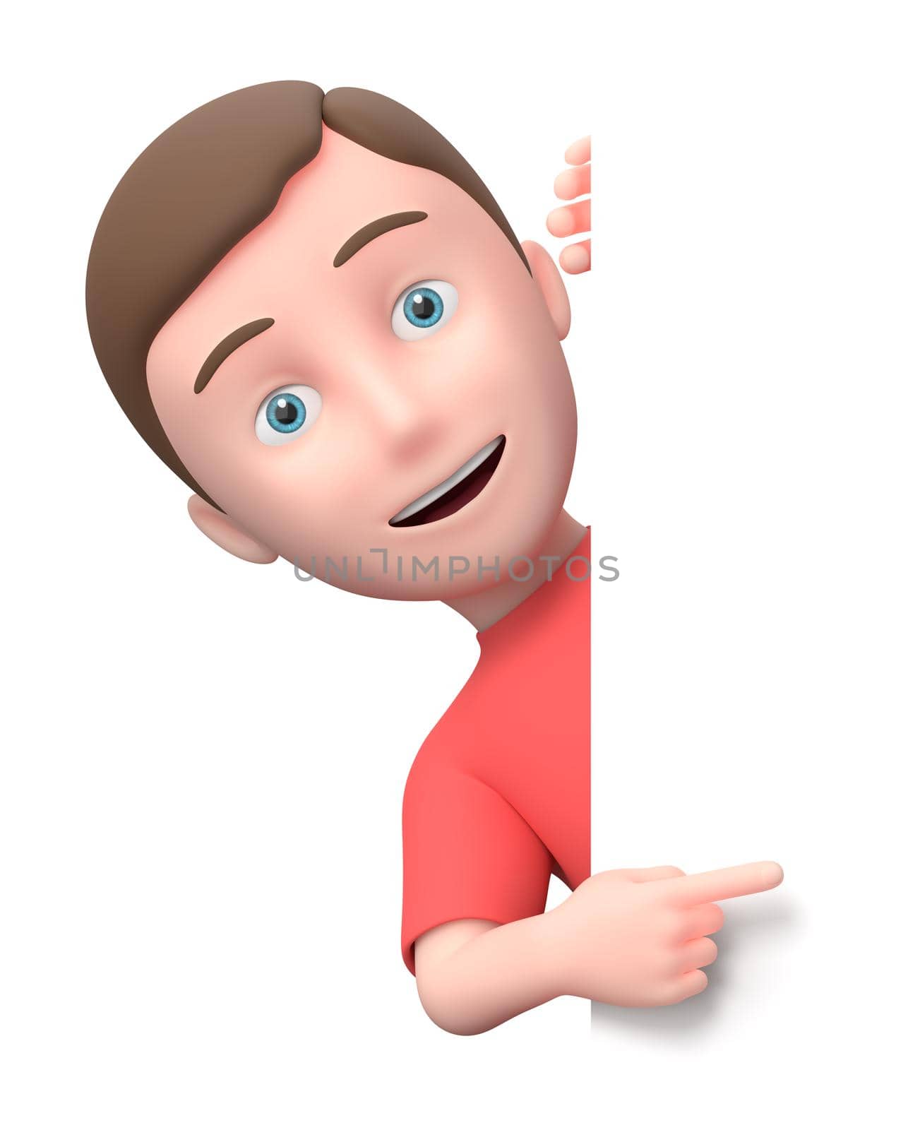 Cute Young Boy Pointing a White Blank Banner. 3D Cartoon Character. by make