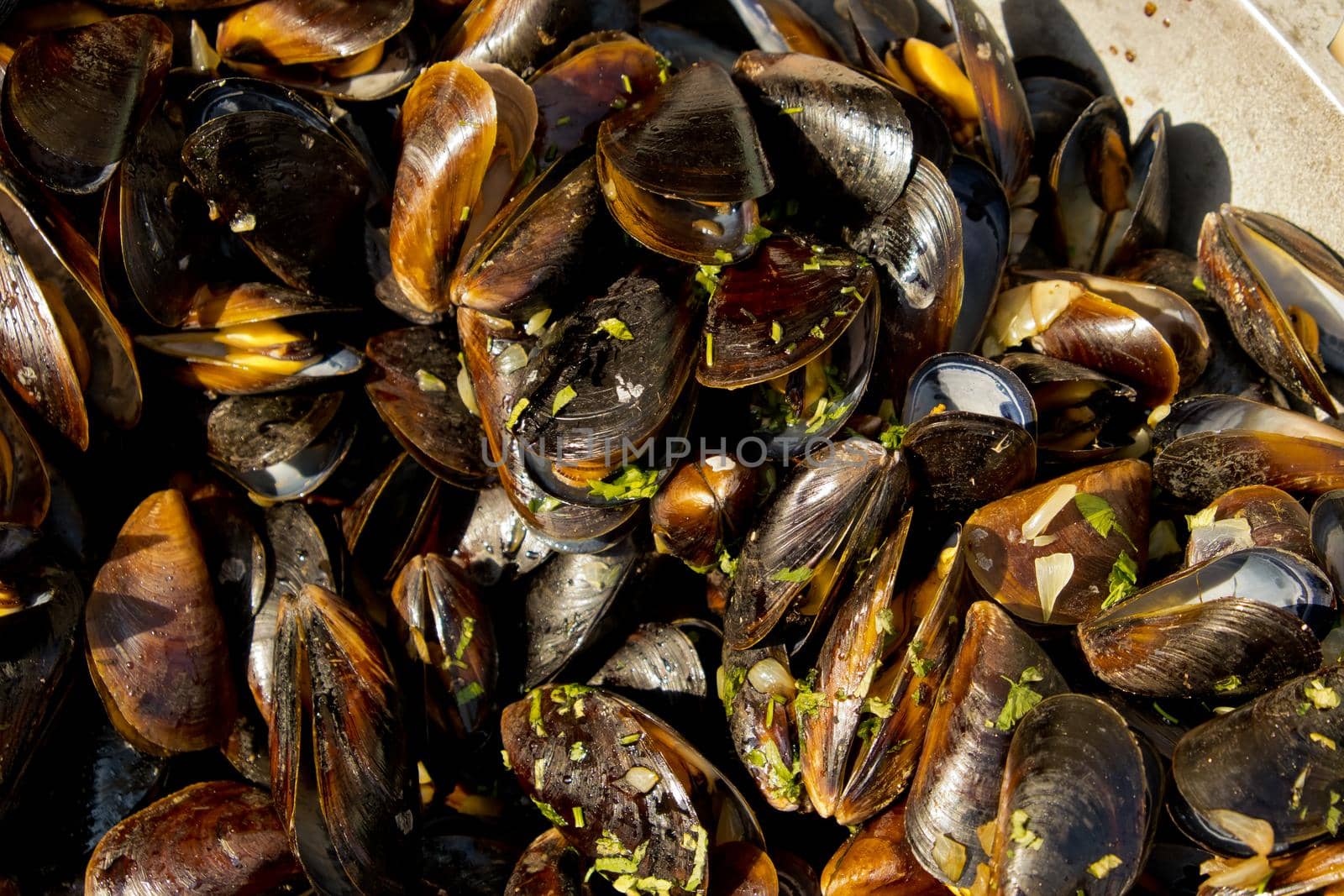 Mussels in a large cauldron.  Street food festival. Selective focus. Close-up.