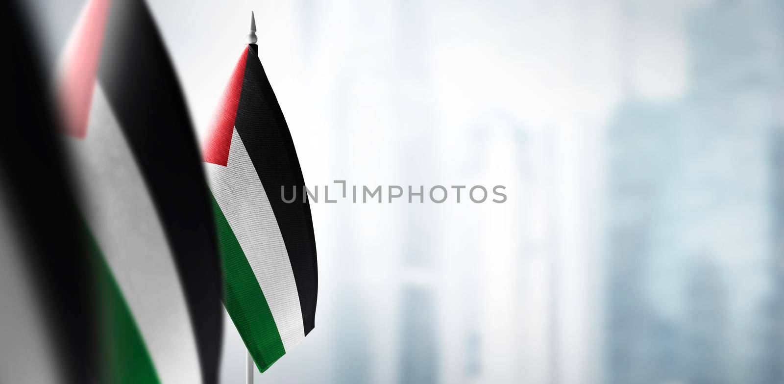 Small flags of Palestine on a blurry background of the city by butenkow