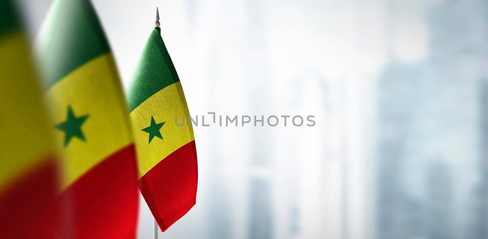 Small flags of Senegal on a blurry background of the city by butenkow