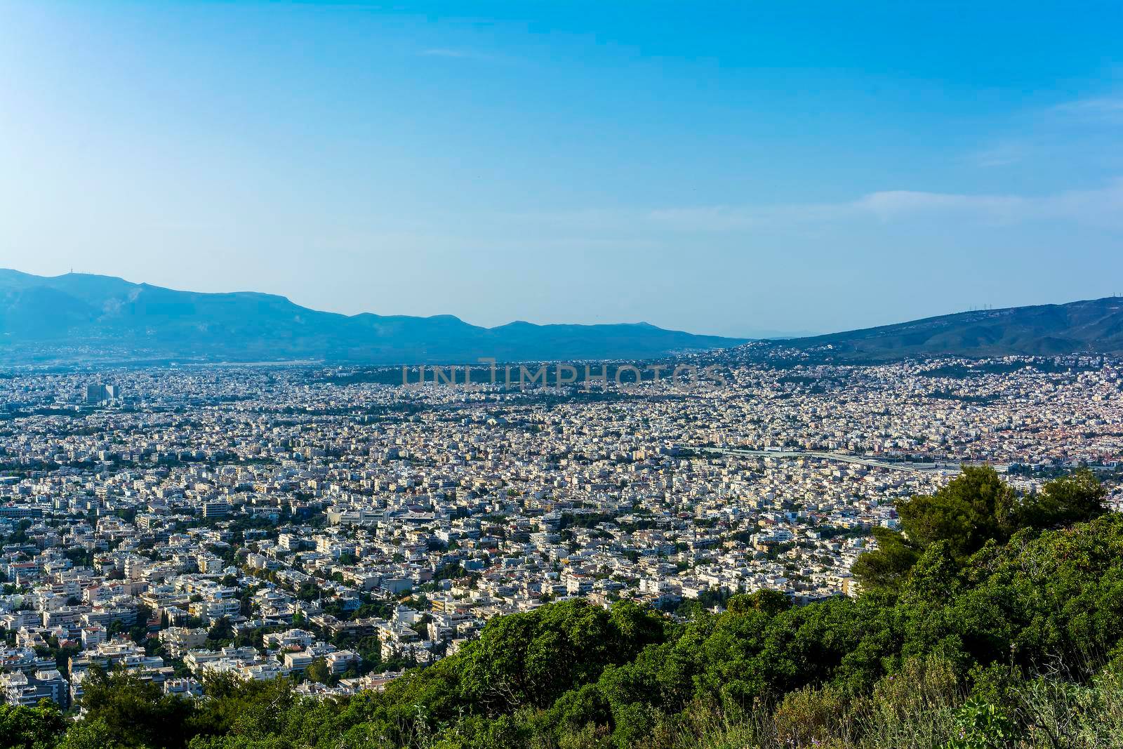 Panoramic view of the city of Athens, from the Hymettus mountain. Greece.