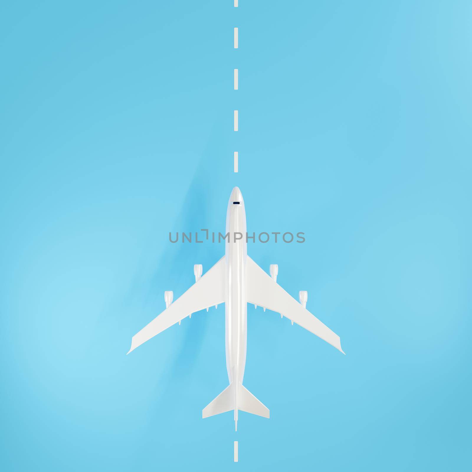 Top view of Airplane during landing or taking off over ground on runway from the airport, Large jet plane takeoff on blue background, business travel flight concept, 3D rendering illustration