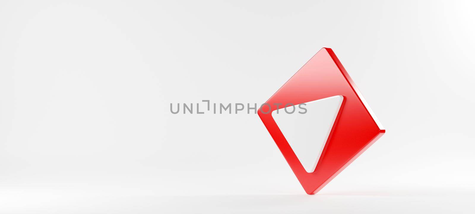 Red play button video icon social media sign player symbol logo on white background for website design and mobile app development, 3D rendering illustration
