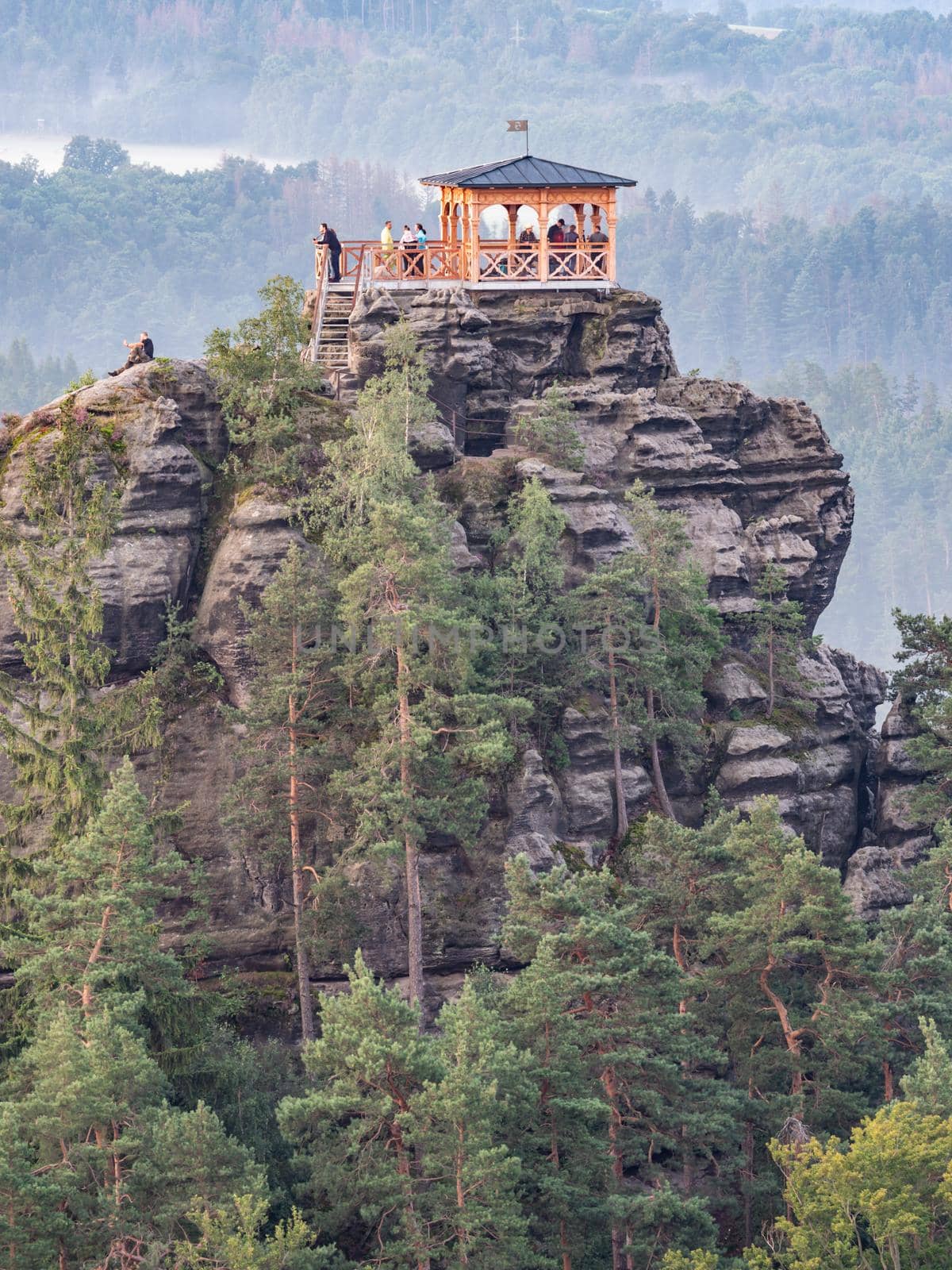 Breakfast or picnic of tourists on lookout tower Mariina vyhlidka by rdonar2