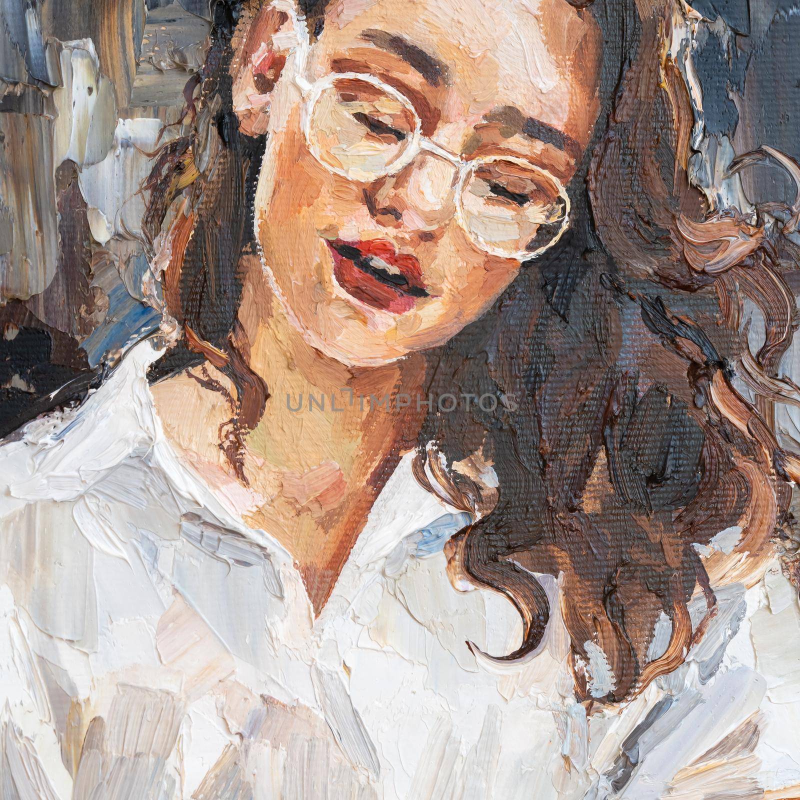 A girl with glasses is reading a newspaper. The woman is resting in a cafe. Oil painting on canvas.