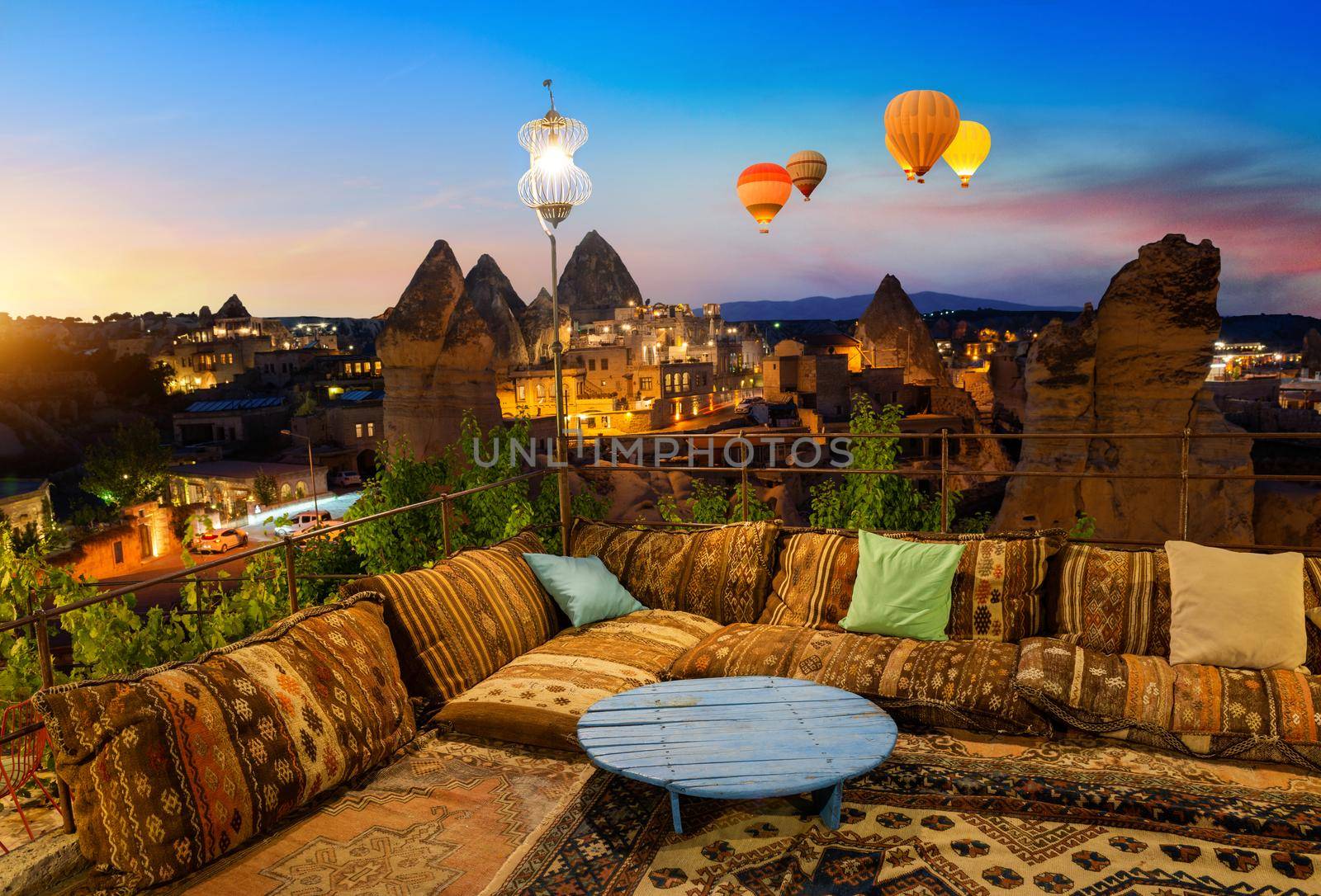 Terrace of a cafe in the town of Goreme, Turkey