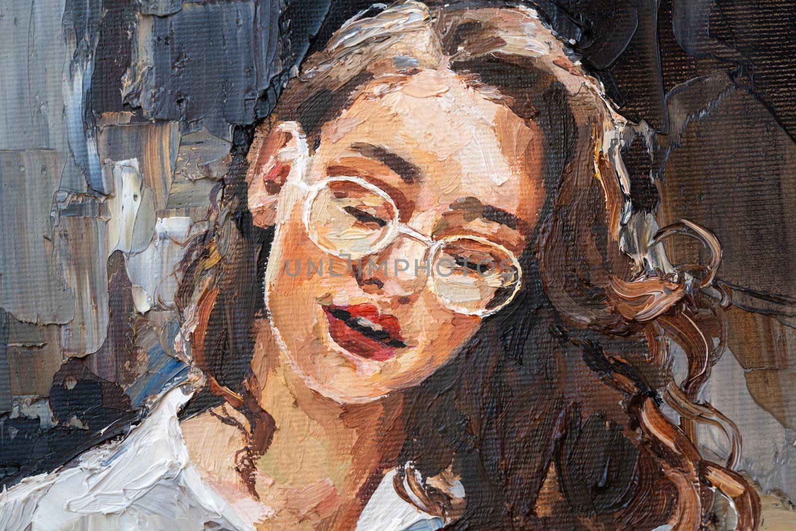 A girl with glasses is reading a newspaper. The woman is resting in a cafe. Oil painting on canvas.