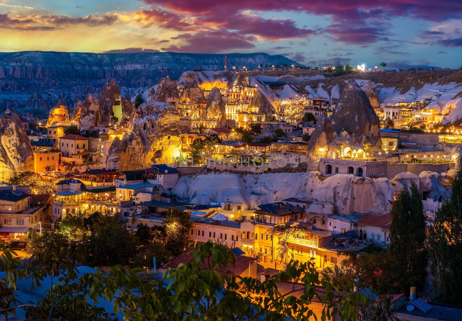 Goreme town on sunset in Cappadocia, Central Anatolia,Turkey