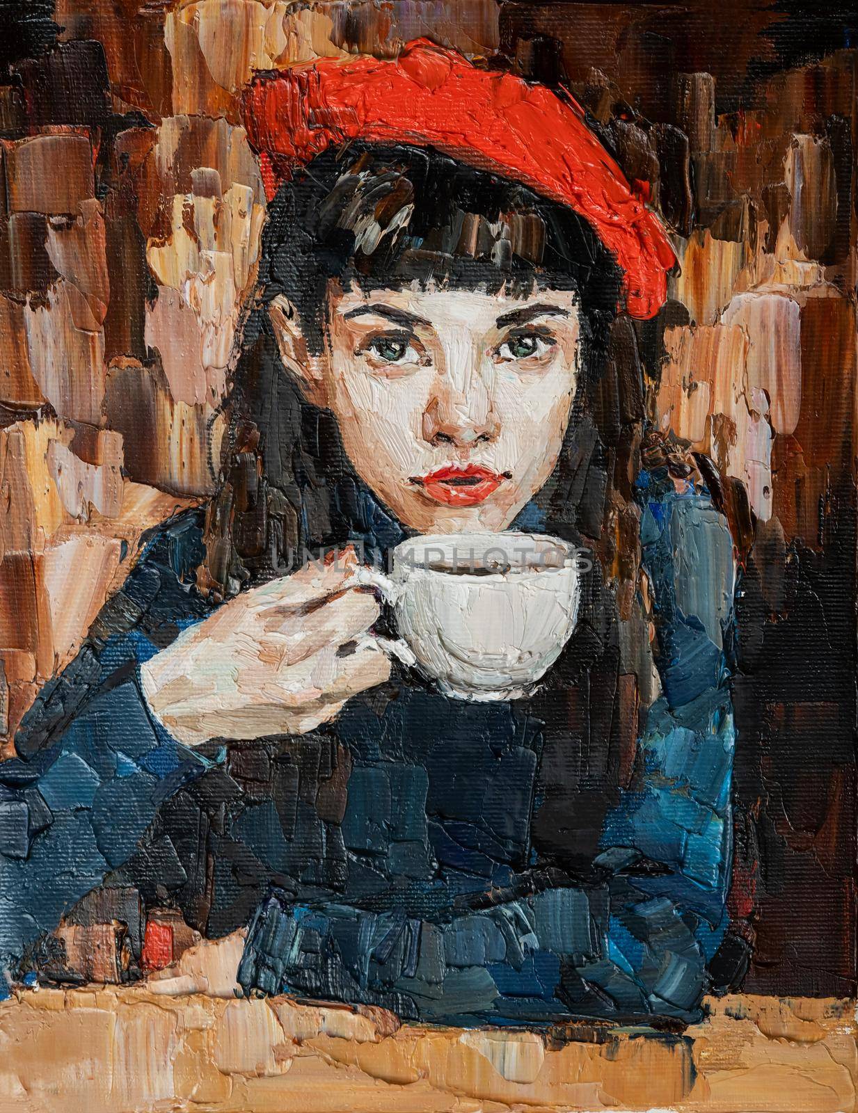 .The girl in the red beret..A woman is drinking coffee in a cafe. Oil painting on canvas.