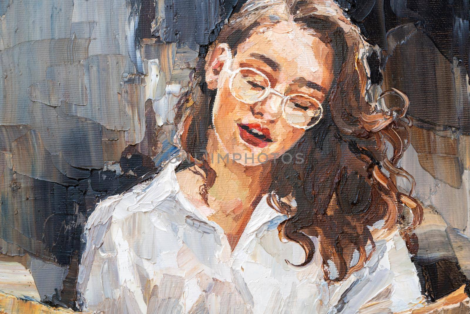 A girl with glasses is reading a newspaper. The woman is resting in a cafe. Oil painting on canvas.