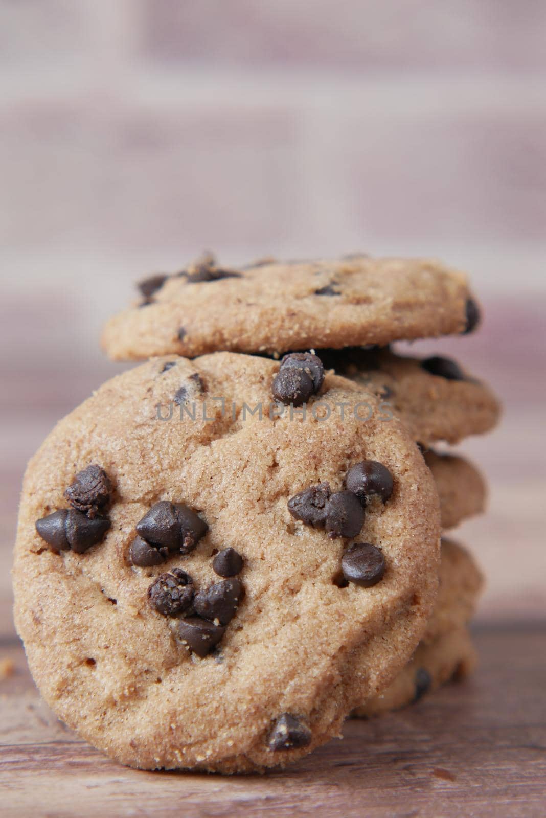 chocolate chip cookies on table close up .