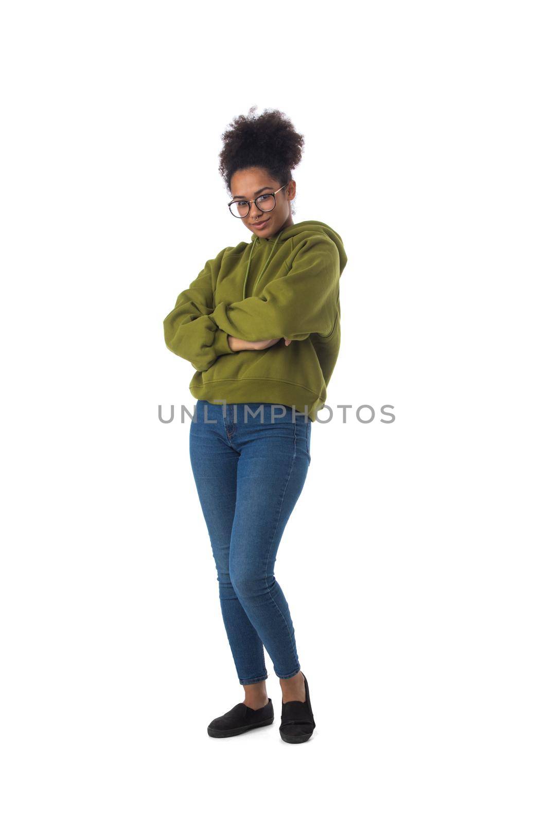 Black woman wearing casual clothes standing with arms folded full length portrait isolated over a white background