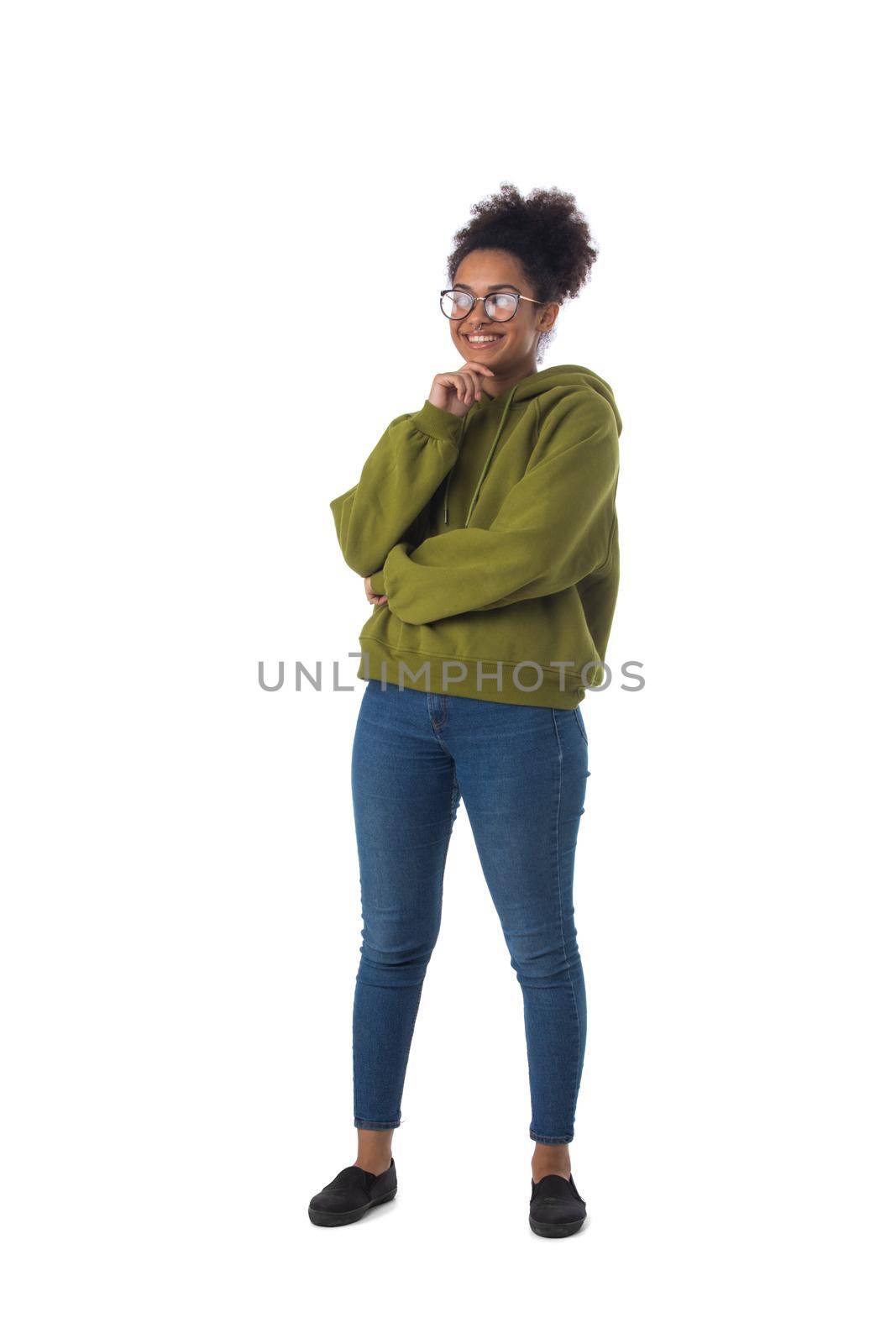 Thoughtful black woman wearing casual clothes full length portrait isolated over a white background