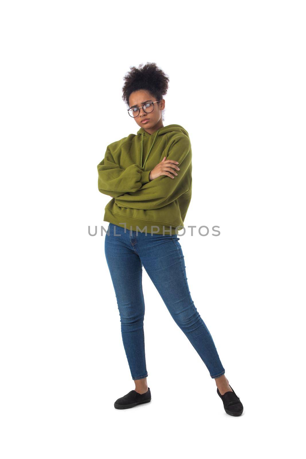 Black woman wearing casual clothes standing with arms folded full length portrait isolated over a white background