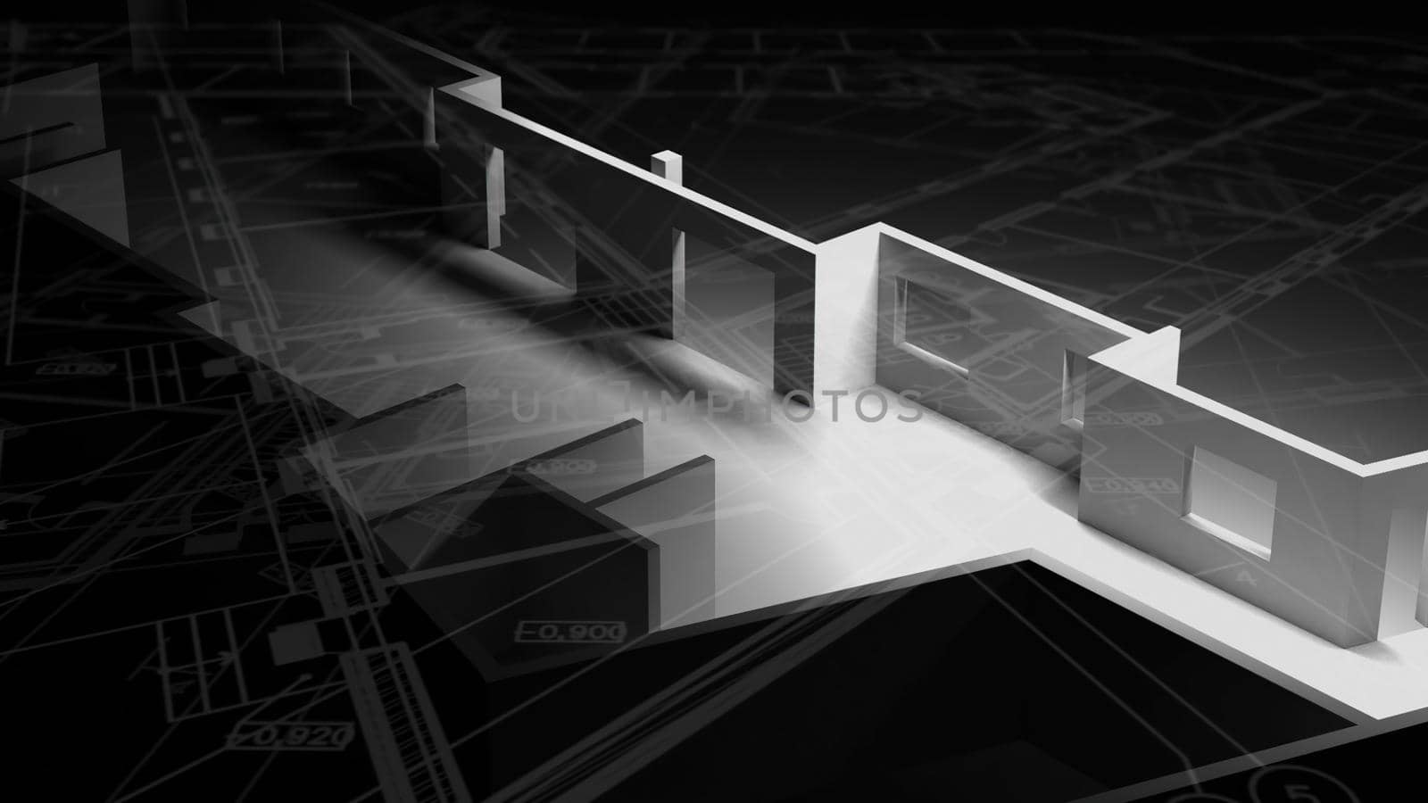 3d illustration - Technical Drawing of floor design being drawn with great detail and ready 3d model of house