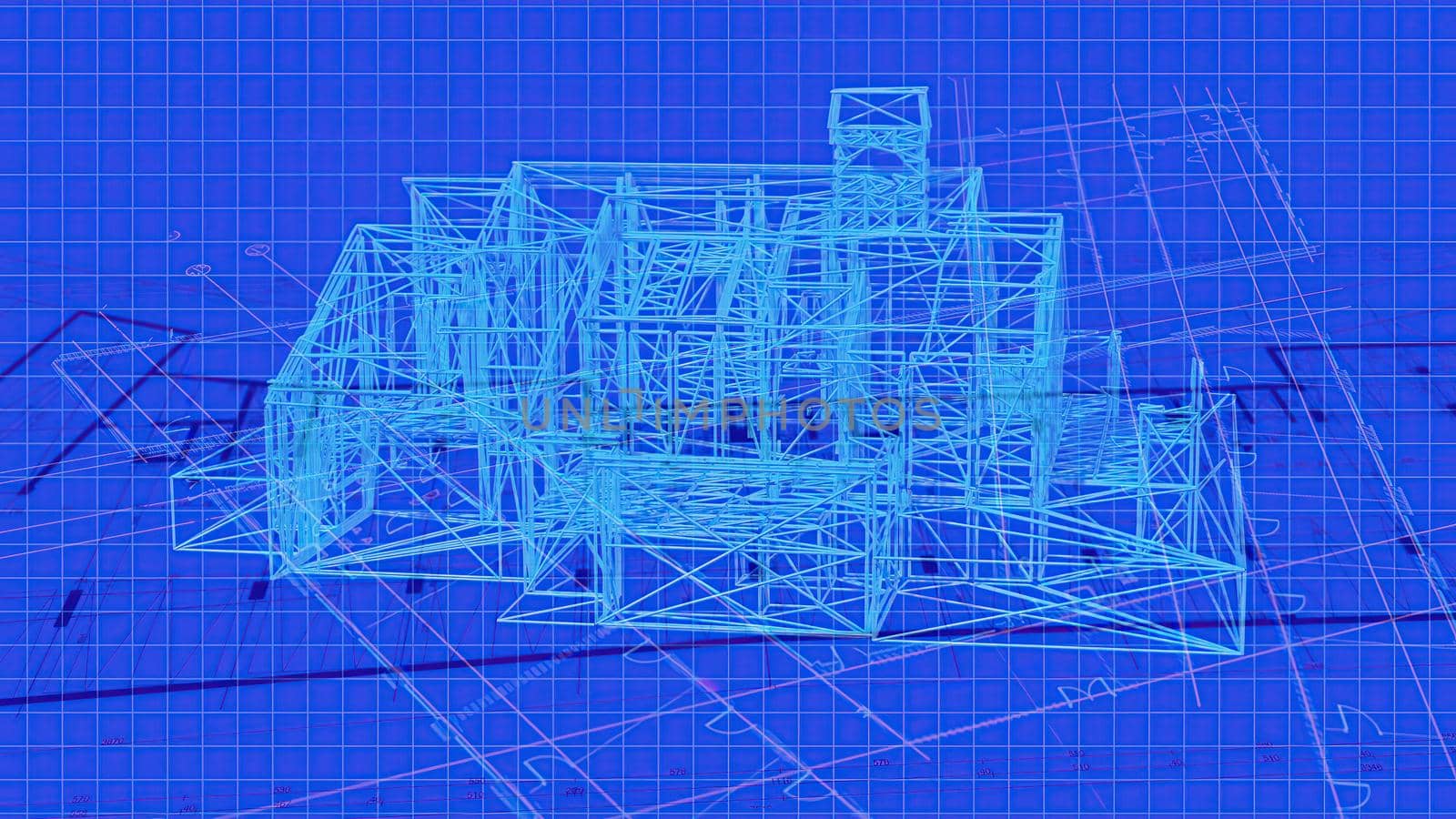 3d illustration - Technical Drawing of floor design being drawn with great detail and ready 3d model of house