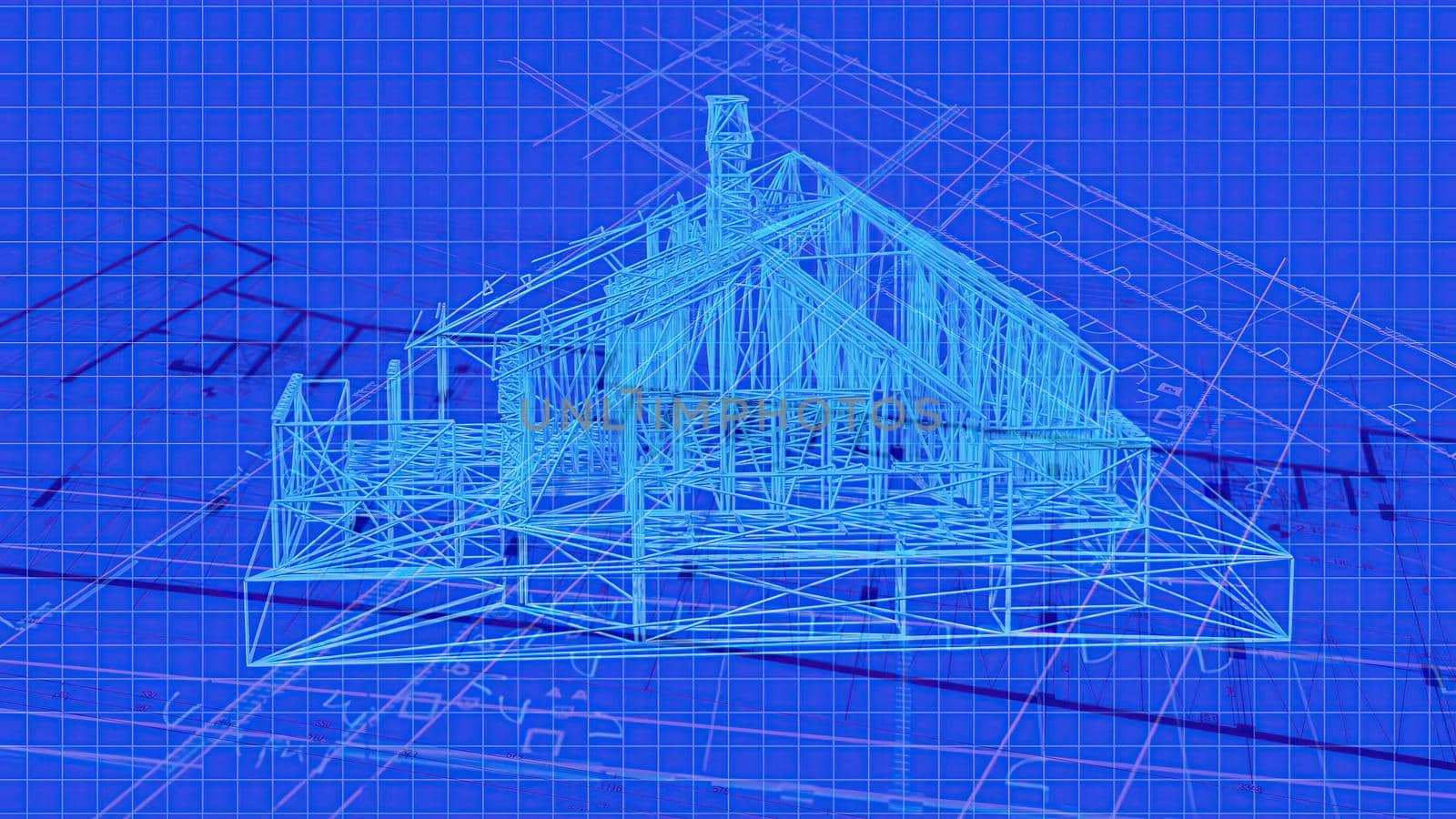 3d illustration - Technical Drawing of floor design being drawn with great detail and ready 3d model of house