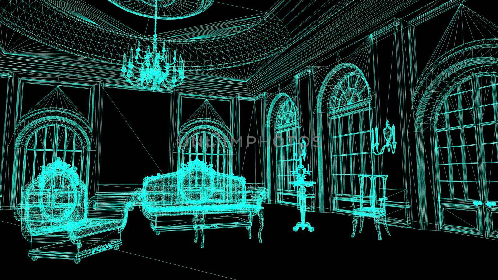 3d illustration - Technical Drawing of floor design being drawn with great detail 