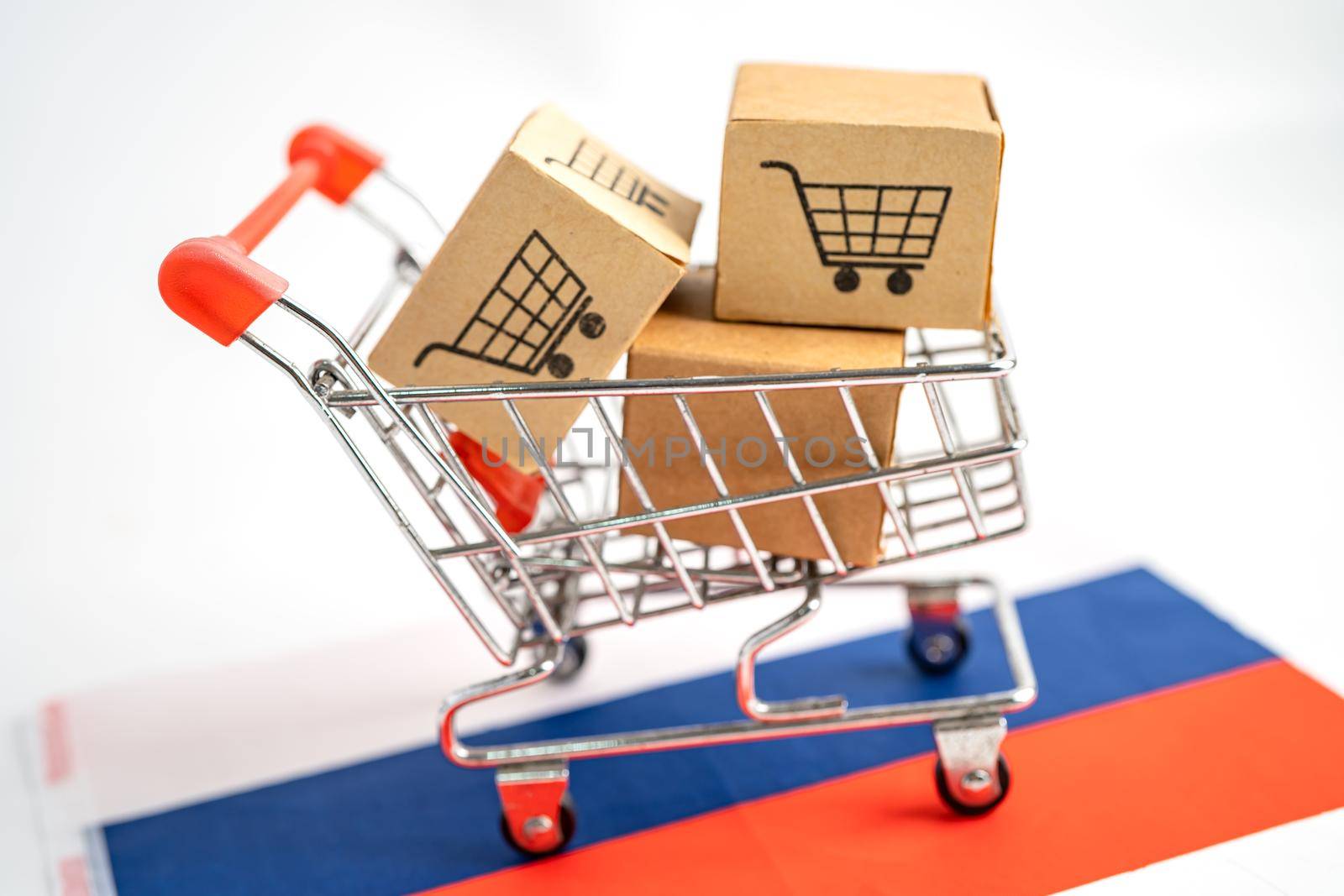 Box with shopping cart logo and Russia flag, Import Export Shopping online or eCommerce finance delivery service store product shipping, trade, supplier concept.