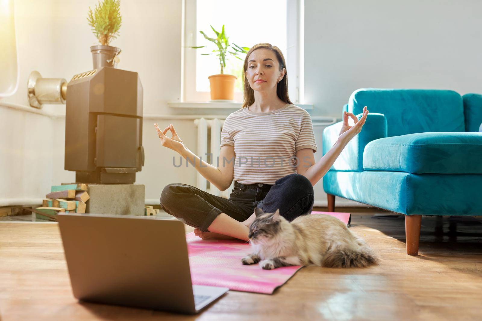 Lifestyle leisure meditation. Middle aged woman sitting at home on floor with laptop in lotus position, pet cat on exercise mat with owner