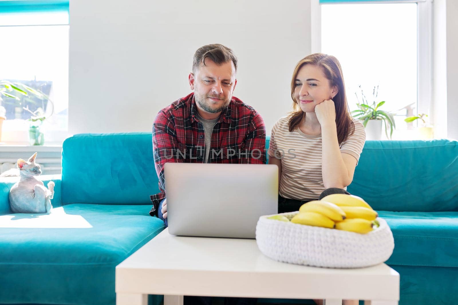 Smiling laughing positive couple 40 years old, husband and wife looking at laptop monitor sitting together at home on sofa in living room, real people life