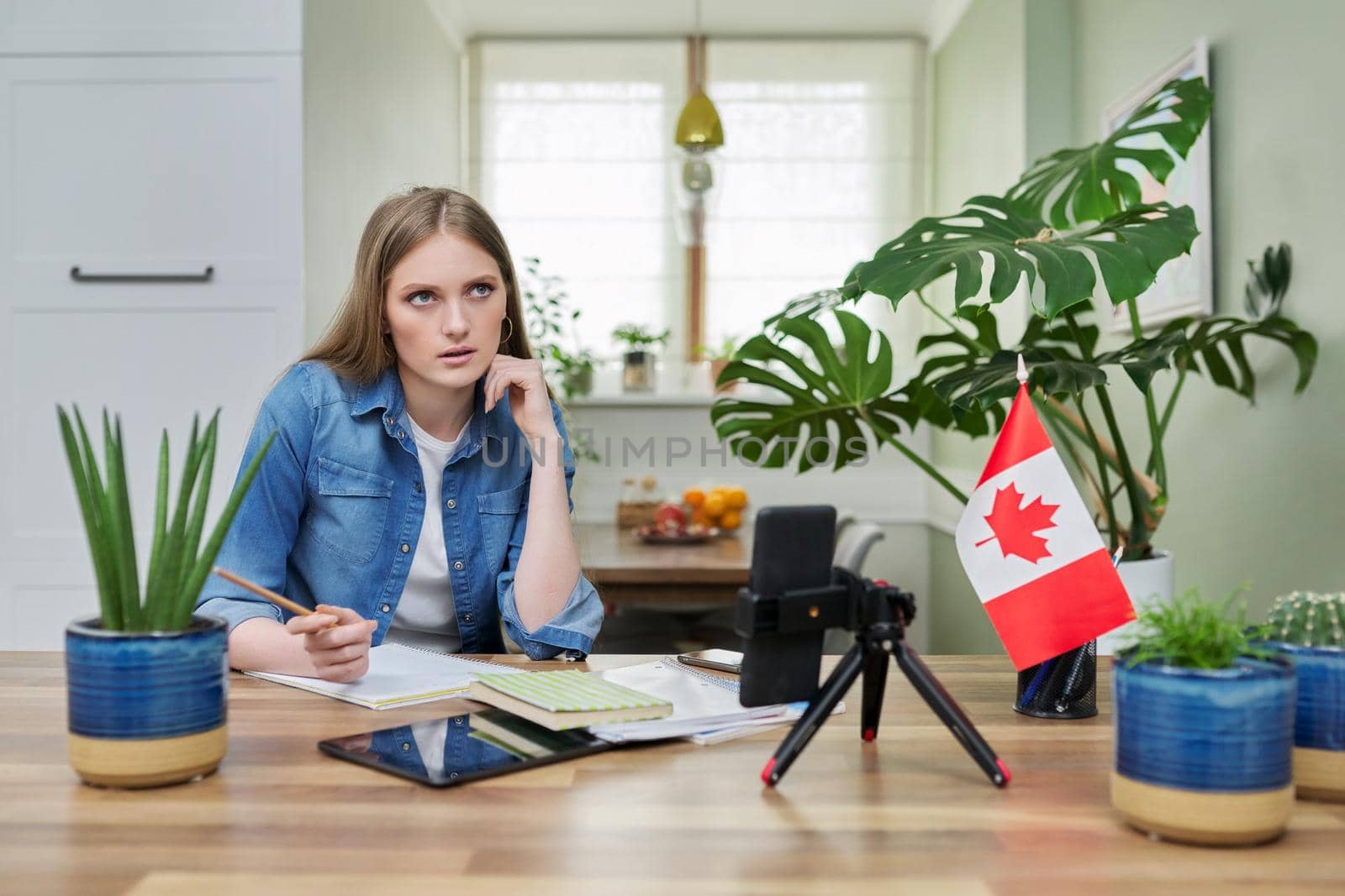 Online learning, distance lessons, e-learning, teenage female university student sitting at home looking at smartphone screen, video meeting, on table canadian flag. Canada, education, study concept